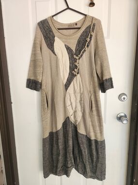 ZELE Earthy Patchwork 100% Linen  Midi Dress with Pockets